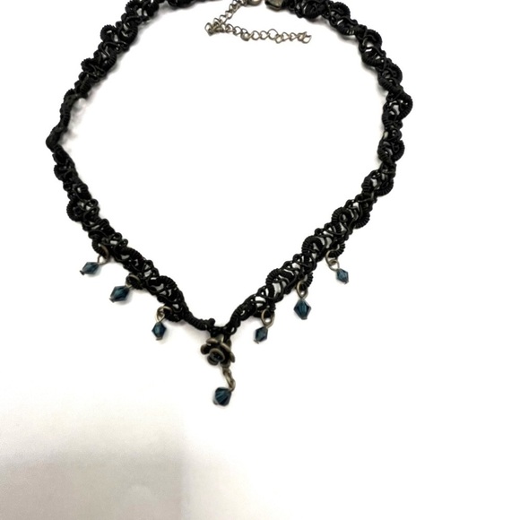 Romantic Black Lace Choker with Blue Faceted Beads. Flower in center Lace Gothic - Picture 10 of 11